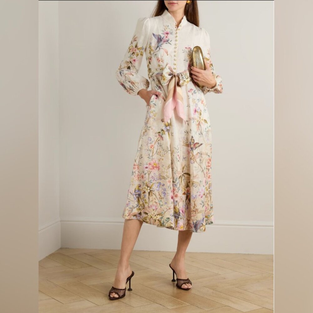 NWOT ！Zimmermann Rebellion tie-detailed printed linen midi dress - Size 0/US4